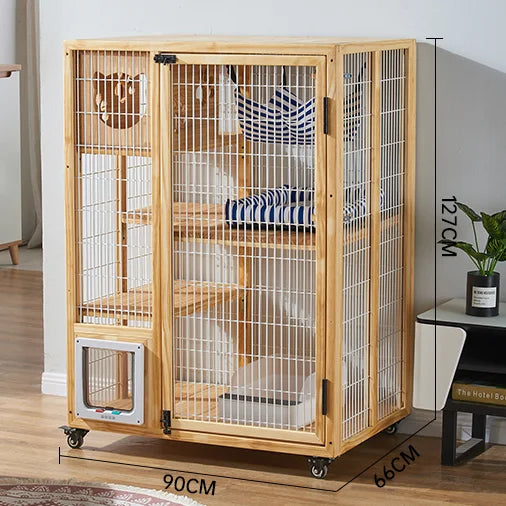 Solid Wood Cat Villa, Cat Cage, Large Space Cat Litter, Luxury Home Indoor Double-Layer Cat House