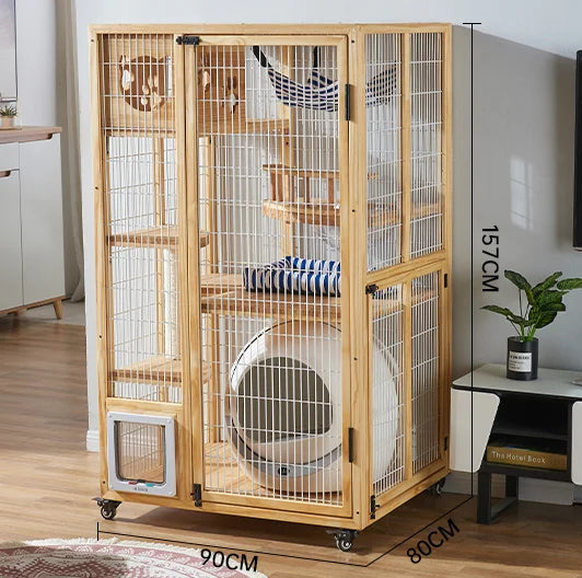 Solid Wood Cat Villa, Cat Cage, Large Space Cat Litter, Luxury Home Indoor Double-Layer Cat House