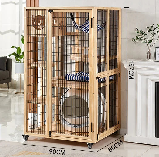 Solid Wood Cat Villa, Cat Cage, Large Space Cat Litter, Luxury Home Indoor Double-Layer Cat House