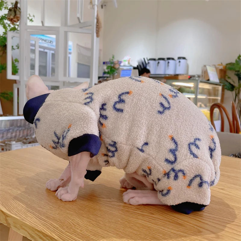 Plush Belly-wrapped Four-legged Sweater for Hairless Cat in Winter Cute Grey-Blue Warm Coat for Sphynx Devon Rex Autumn Pajamas