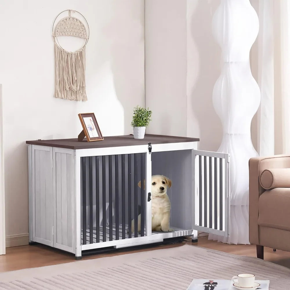 Wooden Dog Crate Furniture, Dog Kennel Pet House End Table, Solid Wood Portable Foldable Indoor Cage for Dogs No Assembly Needed