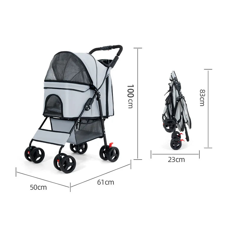 Pet Stroller Light Folding Dog Cat Trolley Outdoor Travel Breathable Meal Plate Baby Stroler Bearing Weight 15 KG for Small Dogs