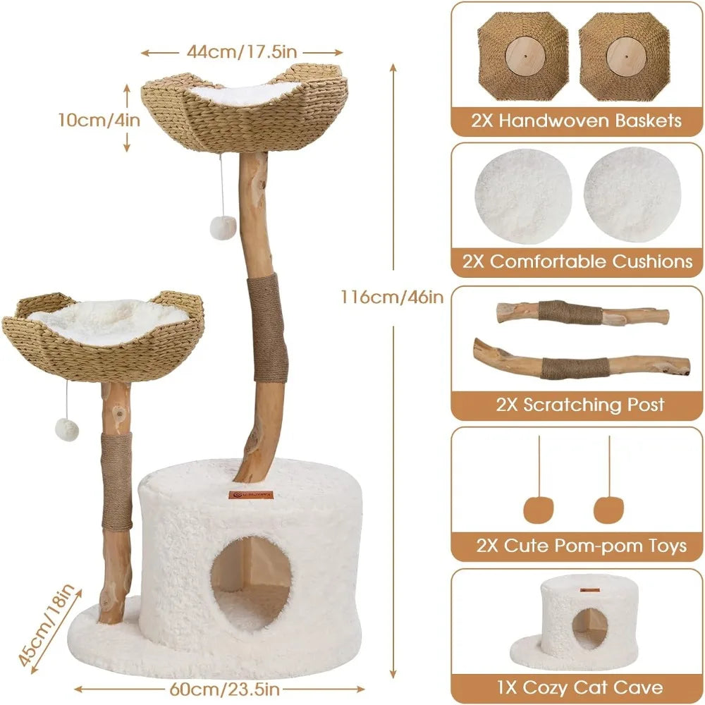 Wood Cat Tree for Indoor Cats,for Large Cats, Real Branch Unique, with Scratching Post Modern Cat Tower