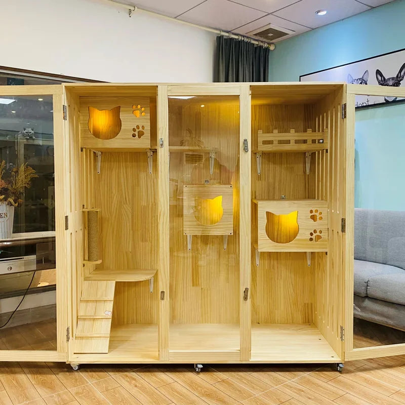 Solid Wood Cat Villa Cattery Luxury Nest Breeding Cage   Display Cabine  Hotel Cat Apartment Cat House