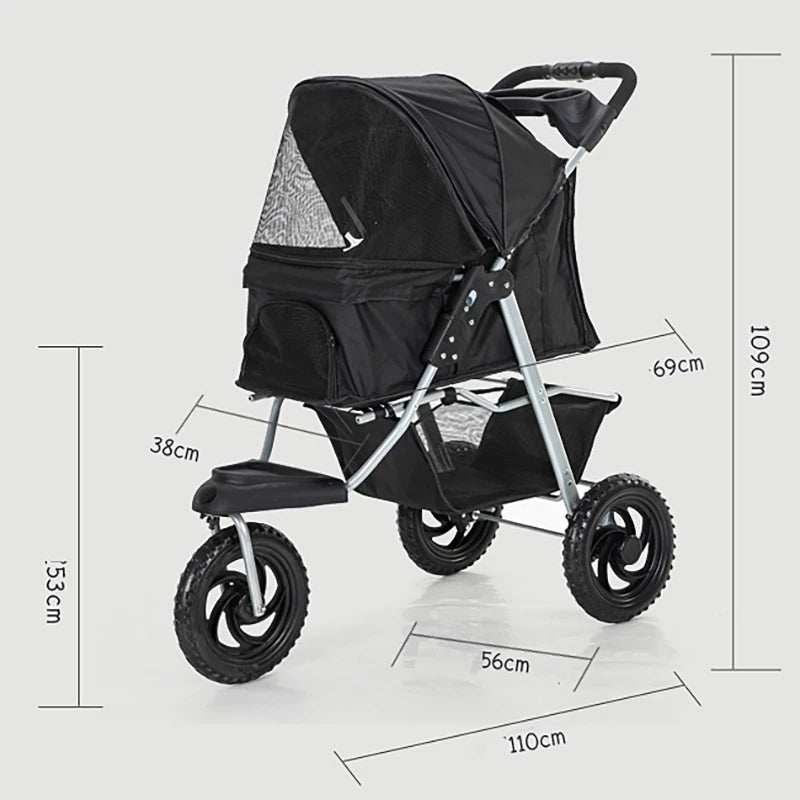 3 Wheel Pet Stroller Outdoor Portable Foldable Pet Cart Breathable Dog Trolley Load Bearing 15kg Pet Carrier