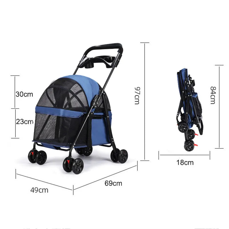 Small Animal Carrier, Outdoor Foldable Pet Trolley with 4 Wheels, Multifunctional Breathable Pet Stroller, Dog and Cat Cart