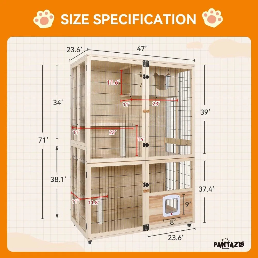 Wooden Cat House Large Space Cat Cage with Scratching Post and Lockable Wheels Double Layer Cat House