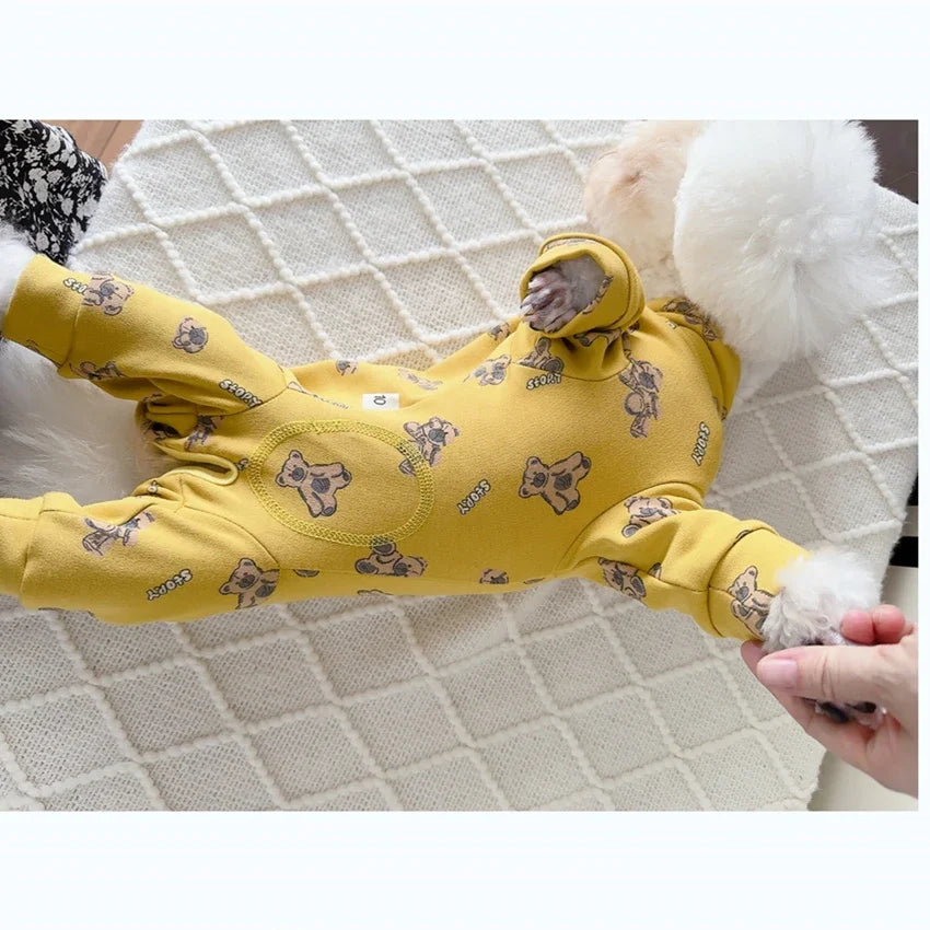 2025 Spring Autumn Pet Dog Clothes Fashion Cute Print Yellow Jumpsuits Hoodies For Small Medium Dog Schnauzer Poodle Dog Rompers