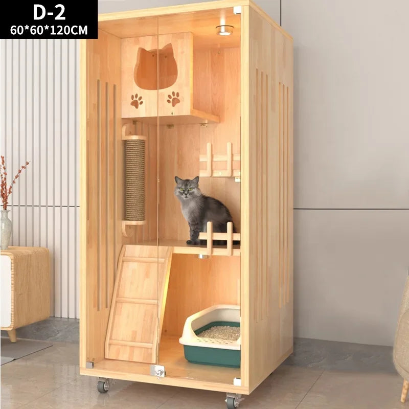 Pet Furniture Cat House Solid Wood Home Cat Cage Large Indoor Luxury Glass Panoramic Cat Villa