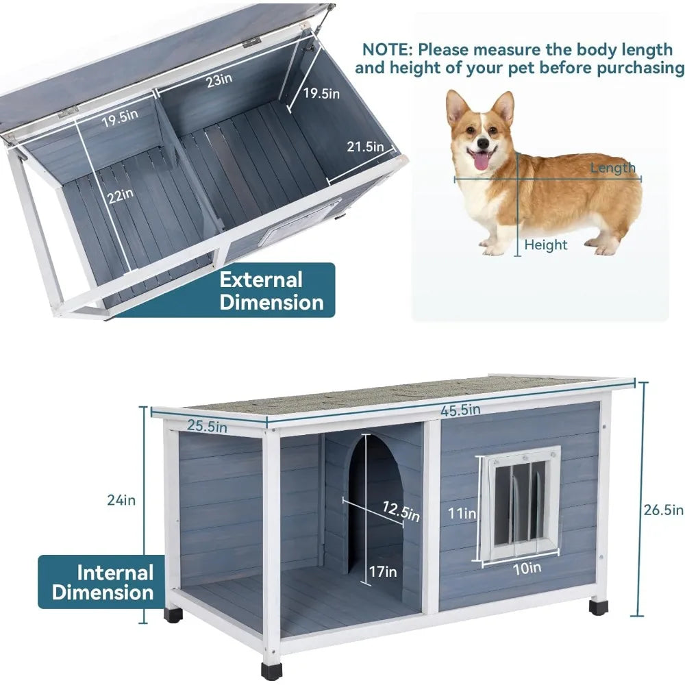 Petsfit 45.5” Dog House Outdoor, Dog House with Porch and Window, Outdoor Dog House Weatherproof for Medium Small Dogs, Durable