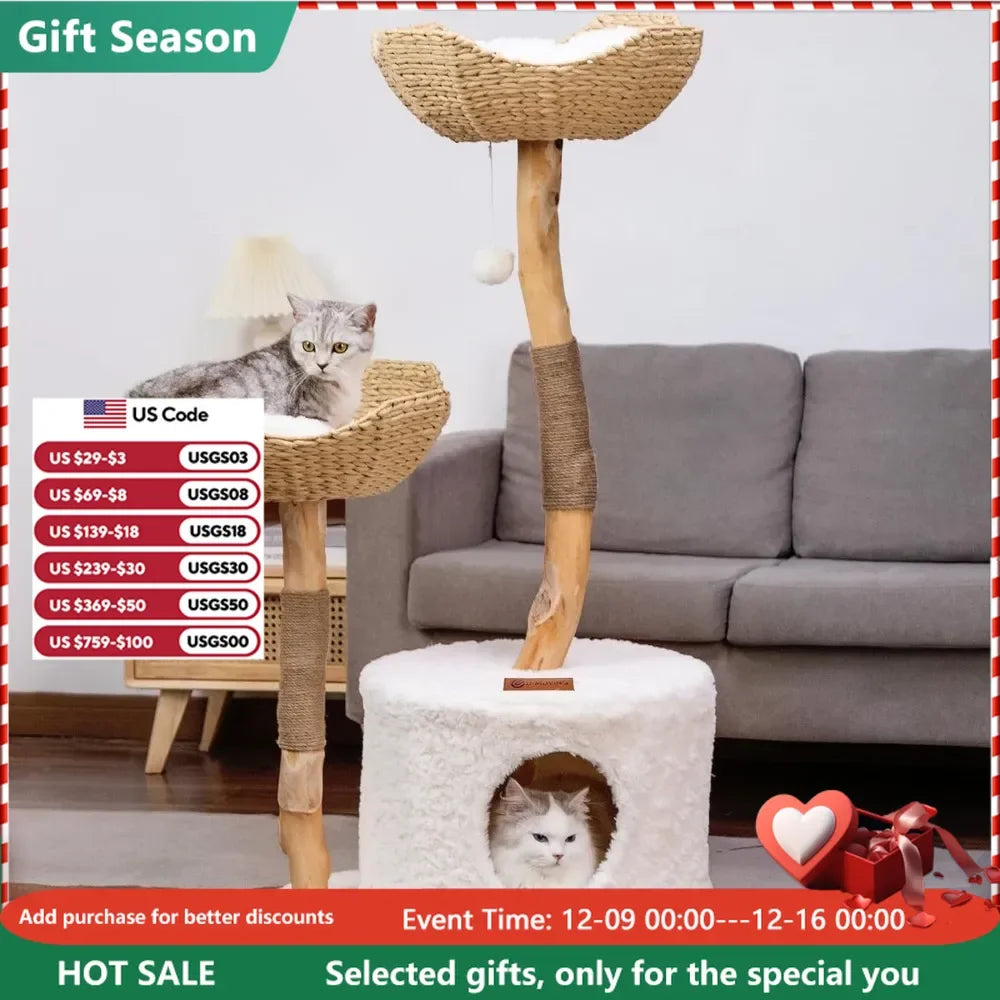 Wood Cat Tree for Indoor Cats,for Large Cats, Real Branch Unique, with Scratching Post Modern Cat Tower