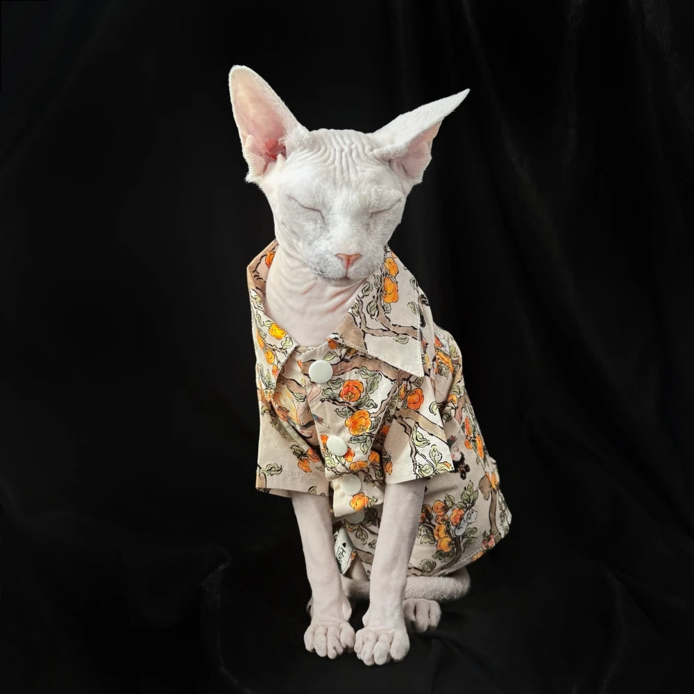 Plant Painting Shirt for Sphynx Cat Summer Soft Cotton Beige Blouse For Kittens Over Size Dog Coat for Devon Rex Cat Supplies