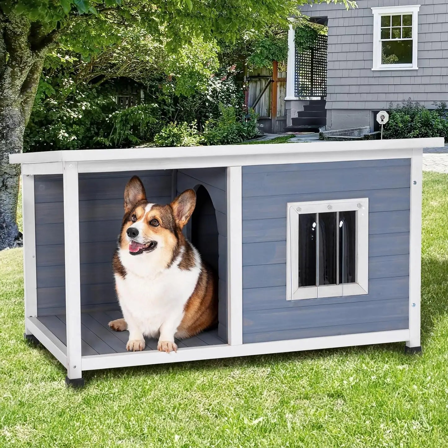 Petsfit 45.5” Dog House Outdoor, Dog House with Porch and Window, Outdoor Dog House Weatherproof for Medium Small Dogs, Durable