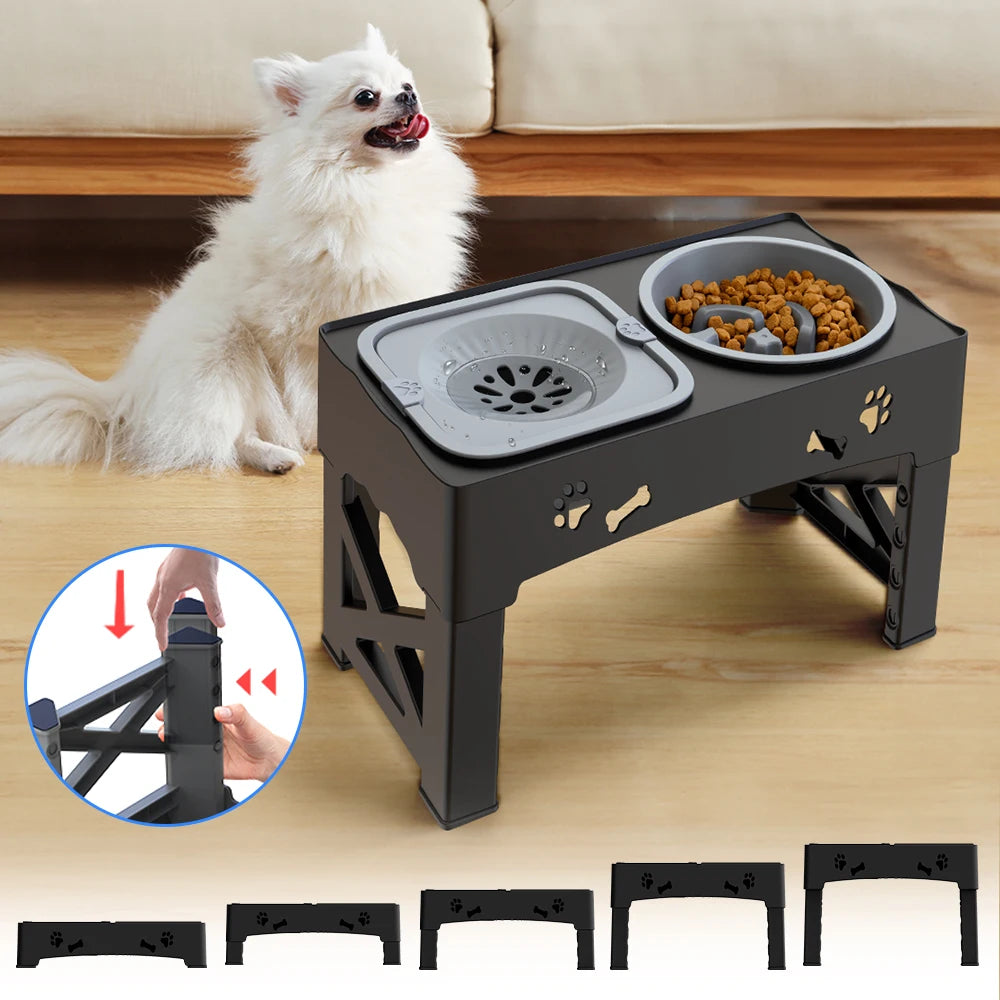 3 In 1 Pet Feeder Slow Feed Bowls Double Bowls Foldable With 5 Adjustable Height Suitable For Pets Of Different Heights