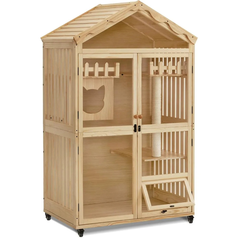 Wooden Cat House for Indoor Cats, Cats Villa with Cat Entrance, Cat Catio with Lockable Doors & Wheels Home & Garden