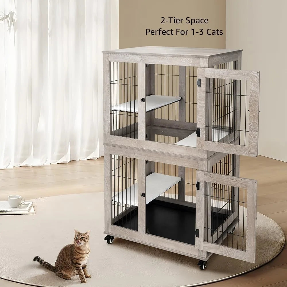 Wooden 2-Tier Cat Cage, Indoor Cats House with Removable Tray, Cats Enclosures Indoor Cat Kennel with Lockable Casters