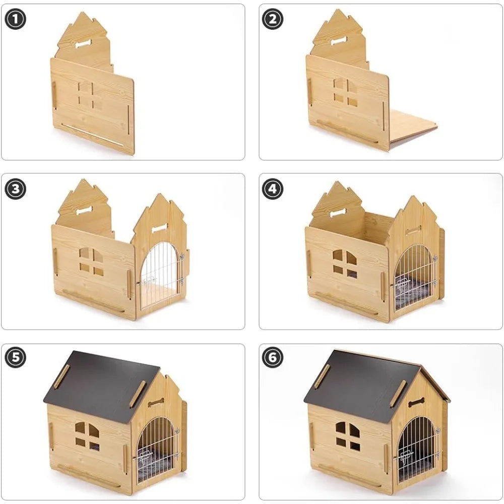 Wooden Pet House with Roof for Dogs Indoor and Outdoor Use, Easy Assemble Breathable Dog Crate for Small Medium Dog Cat, Dog