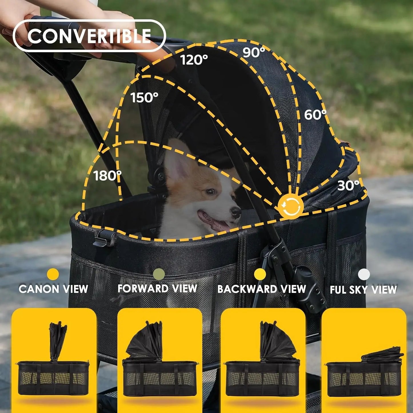 3 in 1 Folding Dog Stroller Pet Folding Stroller 4 Wheels Dog/Cat Puppy Stroller w/Removable Travel Carrier for Small Pet