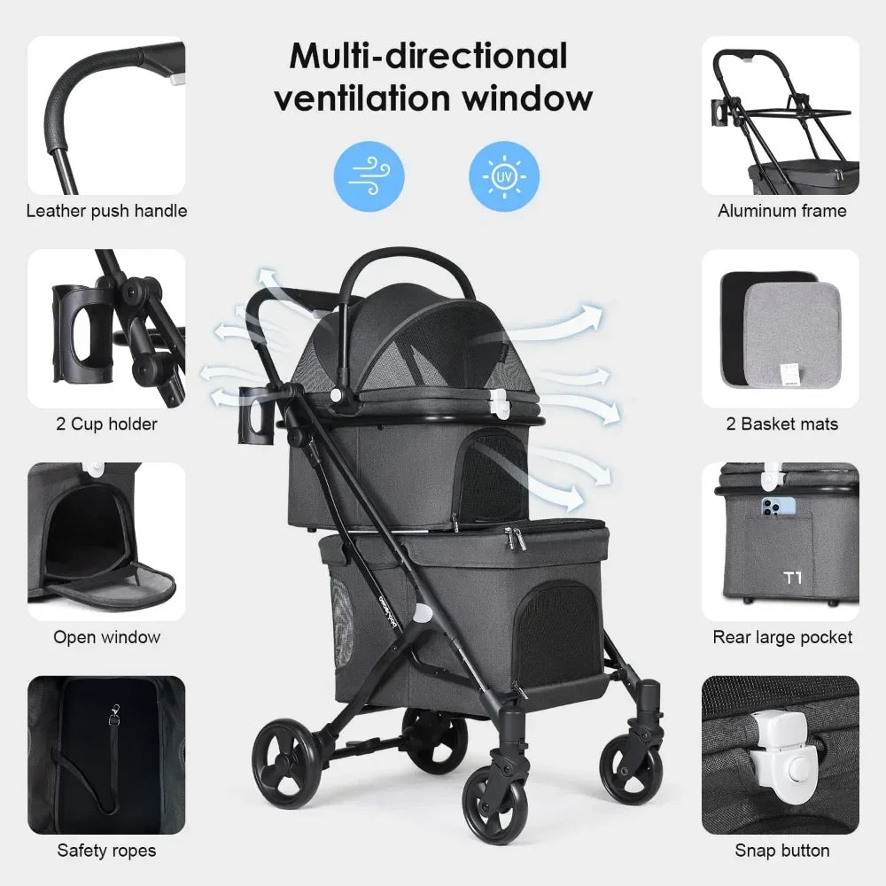 Pet Strollers, Double Pet Stroller for 2 Small Dogs or Cats Lightweight Foldable Double Dog Strollers with Detachable Carrier