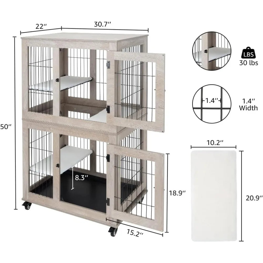 Wooden 2-Tier Cat Cage, Indoor Cats House with Removable Tray, Cats Enclosures Indoor Cat Kennel with Lockable Casters