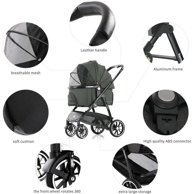 Pet Stroller 3 in 1 Dog Stroller Medium Small Size Dogs, Large Cat Stroller with Detachable Carrier Puppies, Doggies, Ki