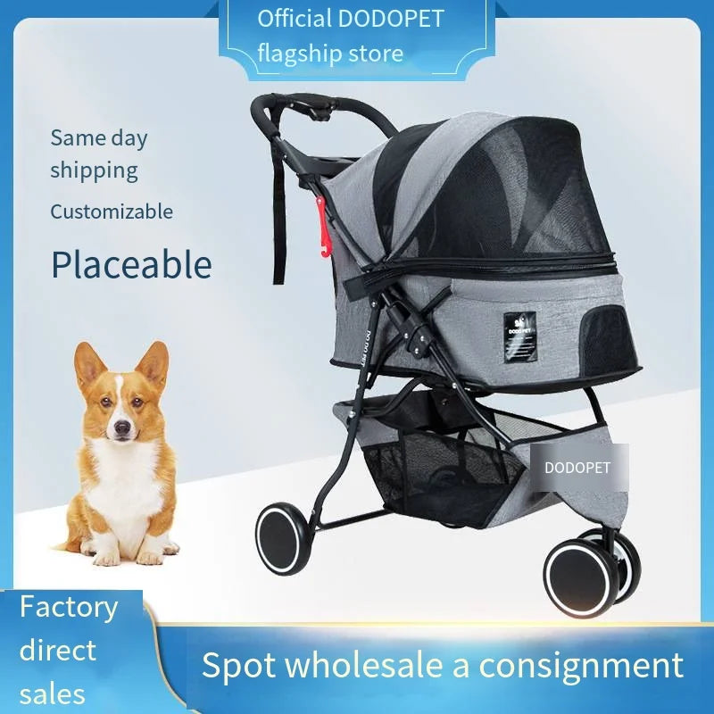 Pet Stroller Three Wheeled Foldable Cat Dog Cart Multiple Pets Household Portable Large Cart Outdoor Play Light Puppy Stroller