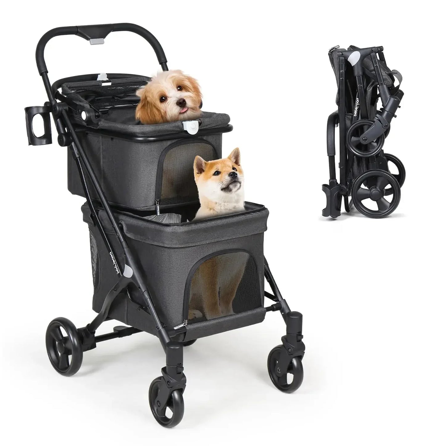 Pet Strollers, Double Pet Stroller for 2 Small Dogs or Cats Lightweight Foldable Double Dog Strollers with Detachable Carrier