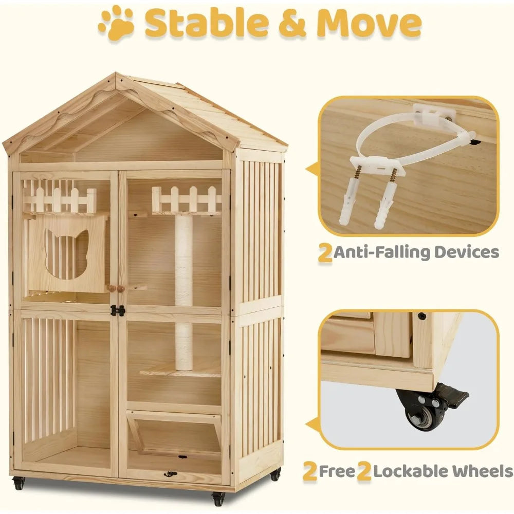 Wooden Cat House for Indoor Cats, Cats Villa with Cat Entrance, Cat Catio with Lockable Doors & Wheels Home & Garden