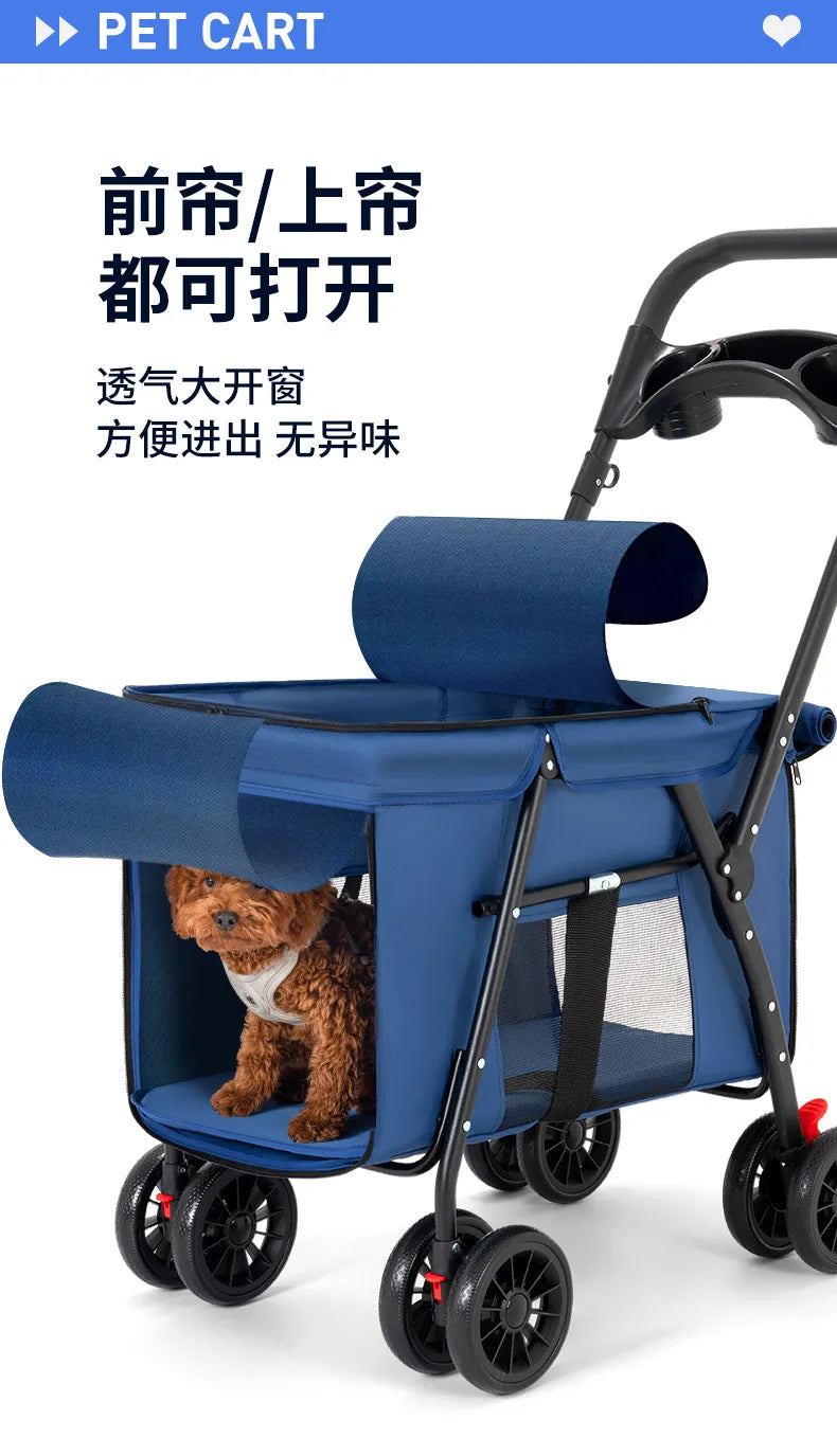 Pet Stroller Carrier Portable Foldable Pet Cart Cat Dog Four Wheeled Cart Pet Outing Cart With Sunroof