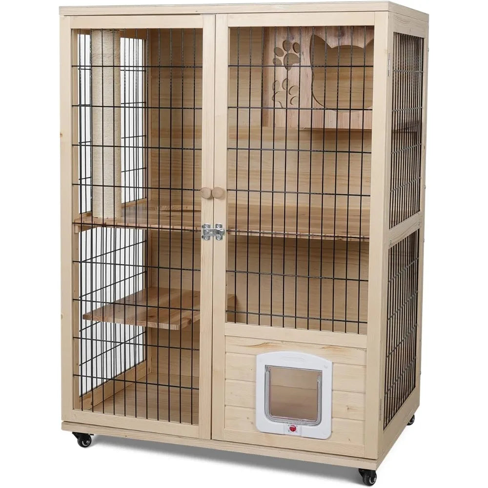 Wooden Cat House, Large Space Cat Cage with Scratching Post and Lockable Wheels, Cat House with Escape Door, Double Cats Houses