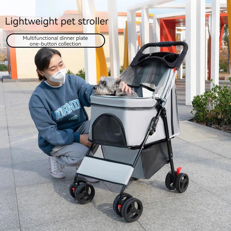 Pet Stroller Light Folding Dog Cat Trolley Outdoor Travel Breathable Meal Plate Baby Stroler Bearing Weight 15 KG for Small Dogs