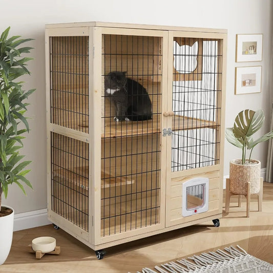 Wooden Cat House, Large Space Cat Cage with Scratching Post and Lockable Wheels, Cat House with Escape Door, Double Cats Houses