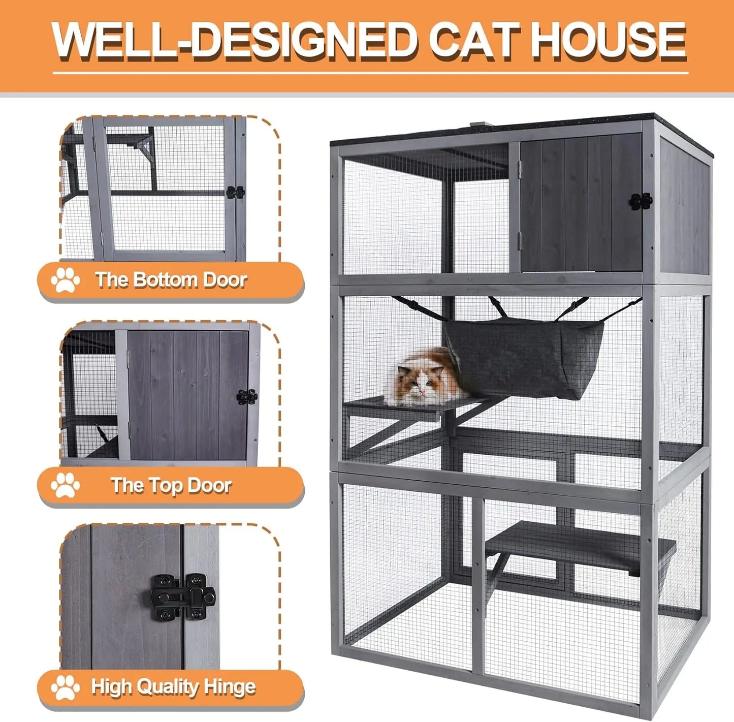 X-Zone Pet Catio Wooden Cat House, Outdoor 3 Floors Cat Enclosure, Indoor Large Kitten Playpen With Hammock & Resting Box, Cat