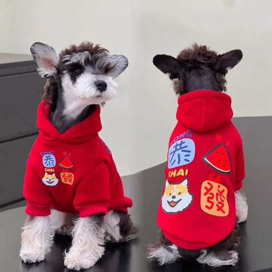 2025 Pet Dog Clothing Autumn Winter New Year Celebration Red Velvet Warm Hoodie Wholesale