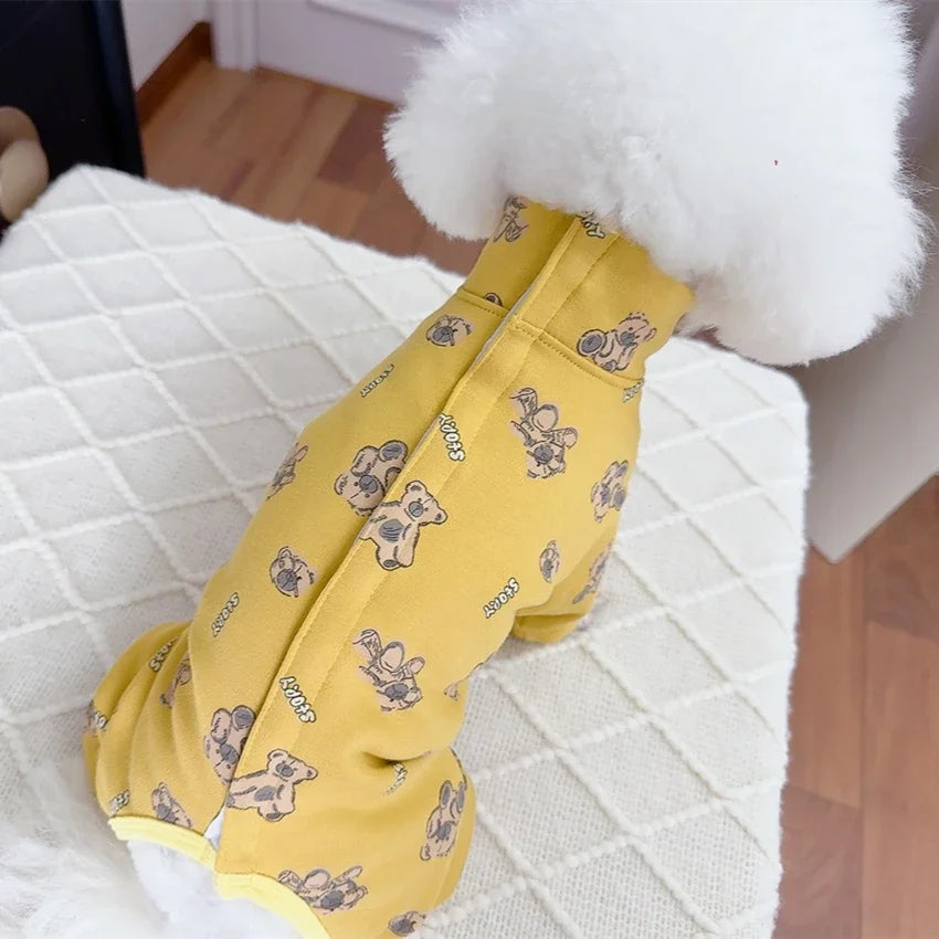 2025 Spring Autumn Pet Dog Clothes Fashion Cute Print Yellow Jumpsuits Hoodies For Small Medium Dog Schnauzer Poodle Dog Rompers