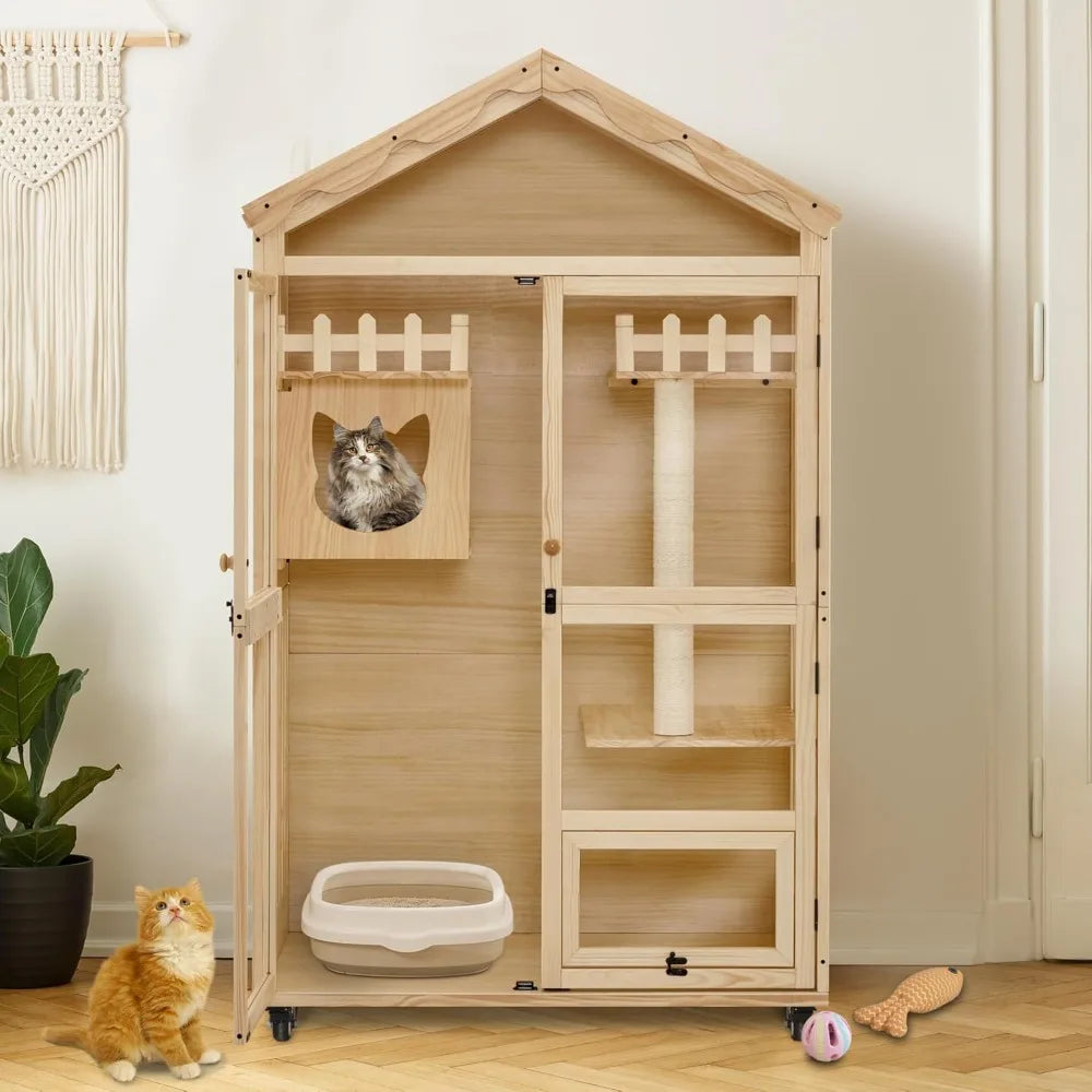 Wooden Cat House for Indoor Cats - Cat Villa with Cat Entrance, Lockable Doors & Wheels