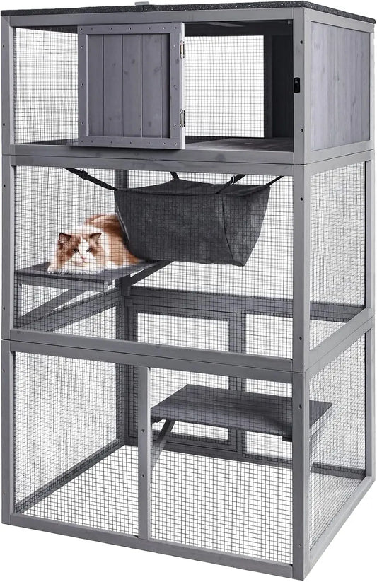 X-Zone Pet Catio Wooden Cat House, Outdoor 3 Floors Cat Enclosure, Indoor Large Kitten Playpen With Hammock & Resting Box, Cat