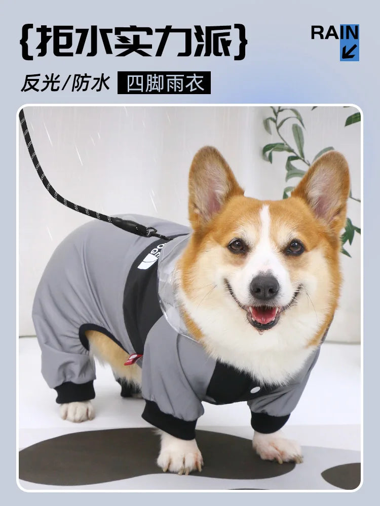 Reflective Dog Raincoat For Small Medium Dogs Gray Pet Clothing Waterproof Aapparel Outfit Corgi French Bulldog Jumpsuit Overall