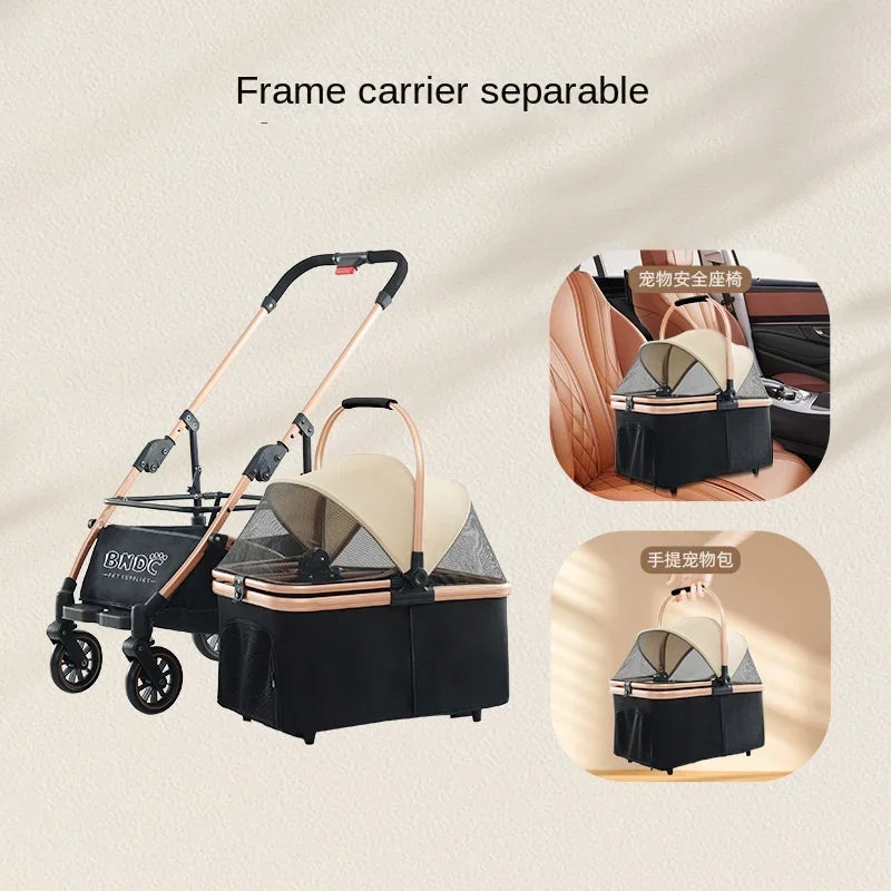 3 in 1 Foldable Pet Stroller for Small Medium Dogs Cats  No-Zip with Detachable Carrier, Push Button Luxury Pet Gear Stroller