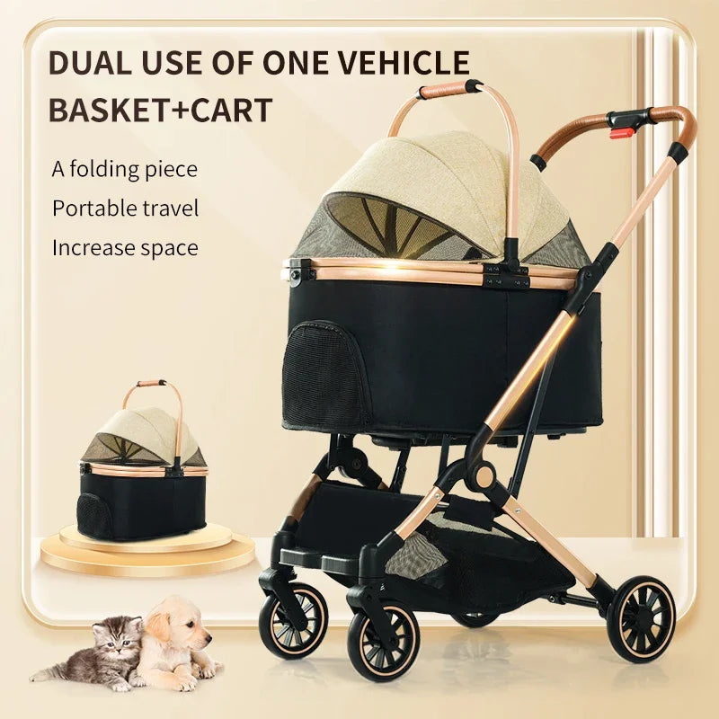 Pet Stroller,4 In 1 Pet Stroller, Folding Light Weight Cat &Dog Stroller With Detachable Carrier, 180° Reversible Canopy