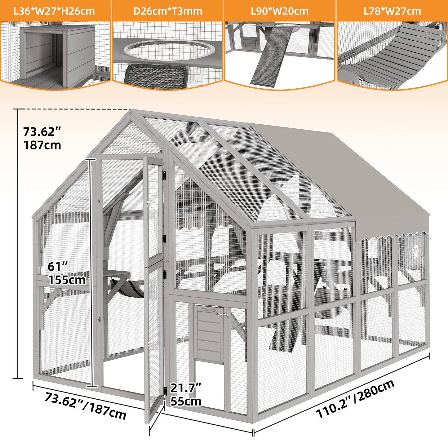 Wooden Outdoor Cat House Enclosure 56.43ft² Catio Pet Cage with Platforms