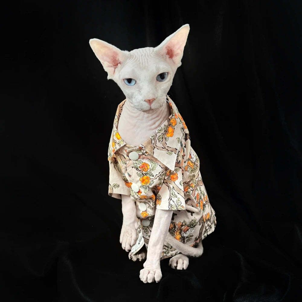 Plant Painting Shirt for Sphynx Cat Summer Soft Cotton Beige Blouse For Kittens Over Size Dog Coat for Devon Rex Cat Supplies