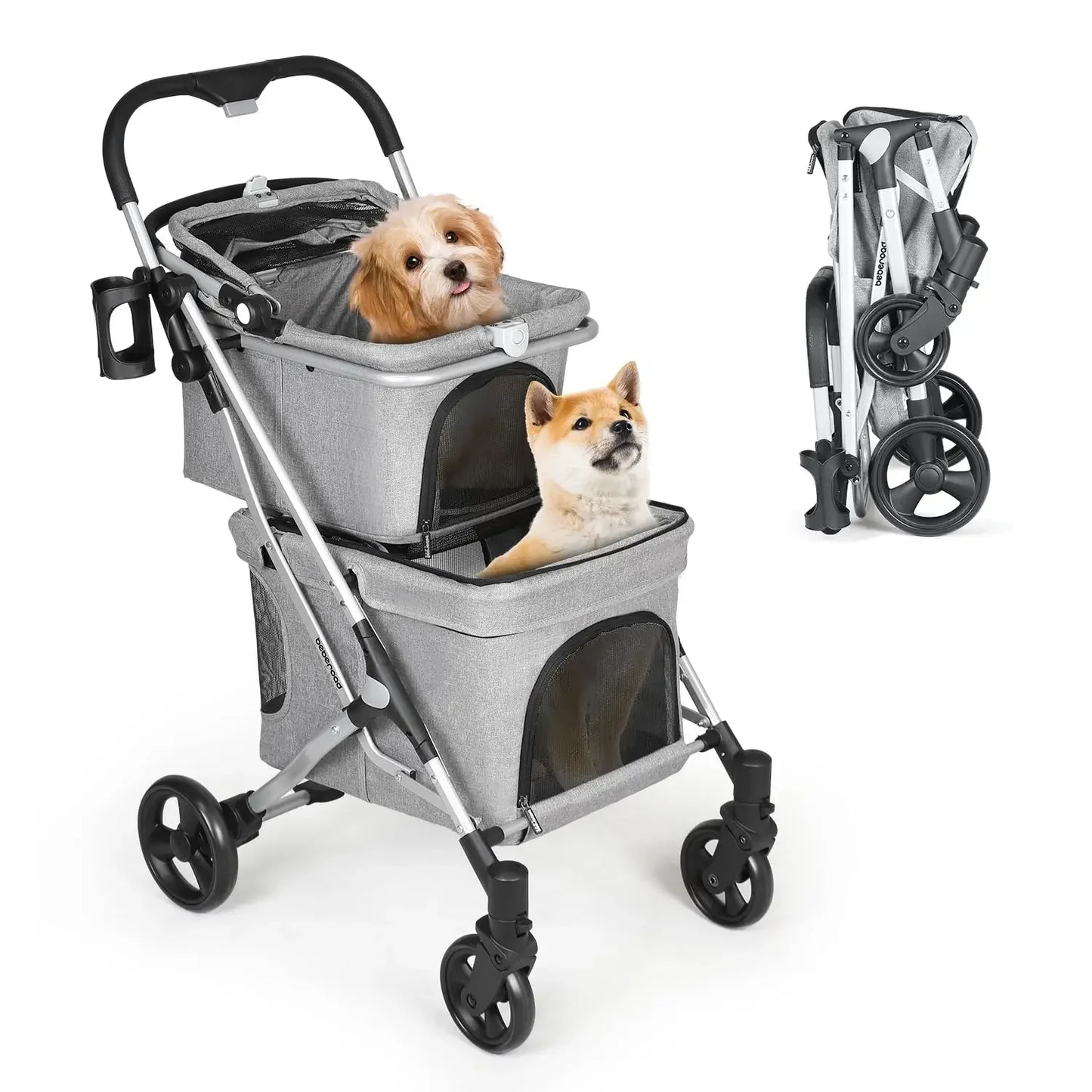 Pet Strollers, Double Pet Stroller for 2 Small Dogs or Cats Lightweight Foldable Double Dog Strollers with Detachable Carrier