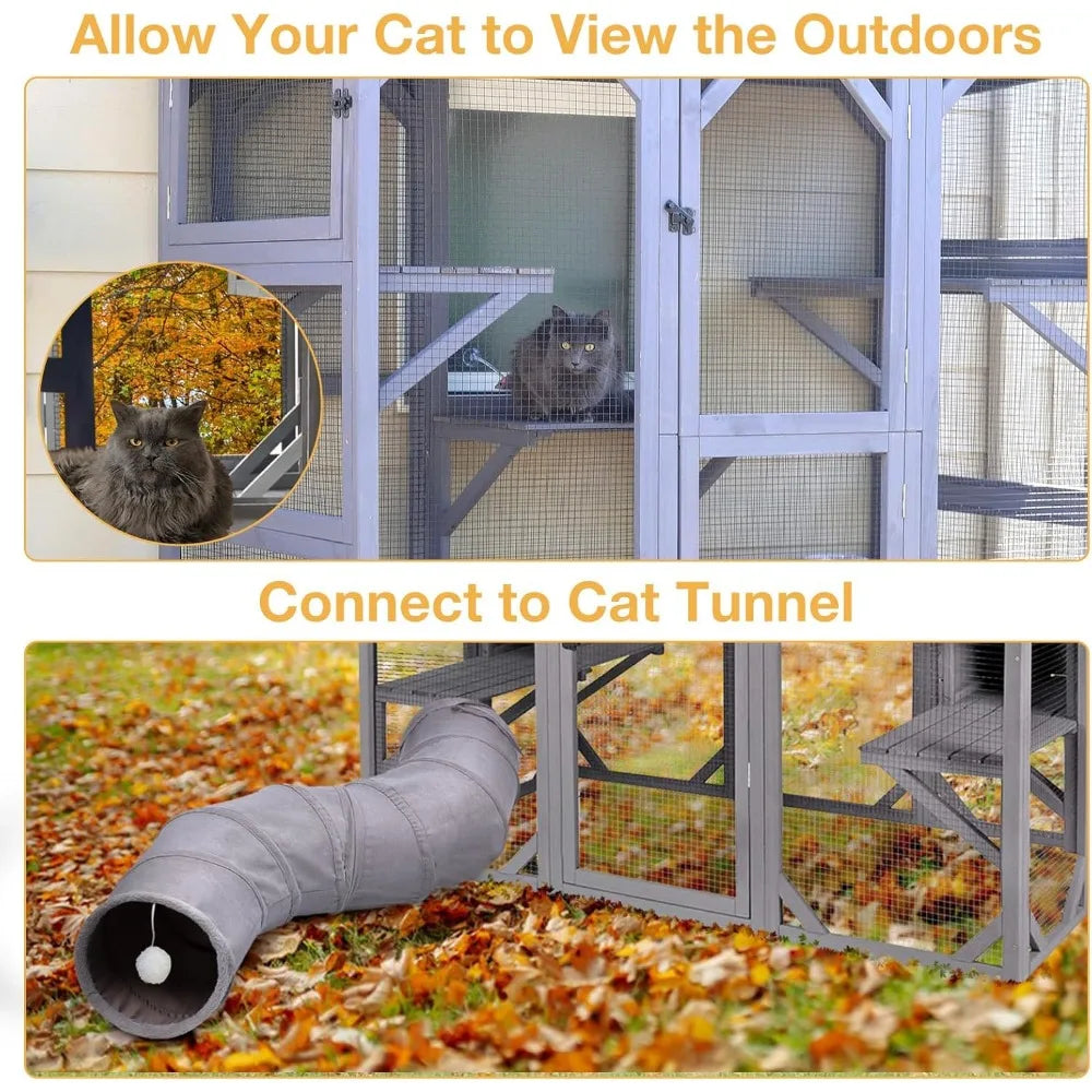 Wooden Catio Outdoor Cat Enclosure,Large Luxury Kitty-House with 7 Jumping Platforms & Weatherproof Asphalt Roof