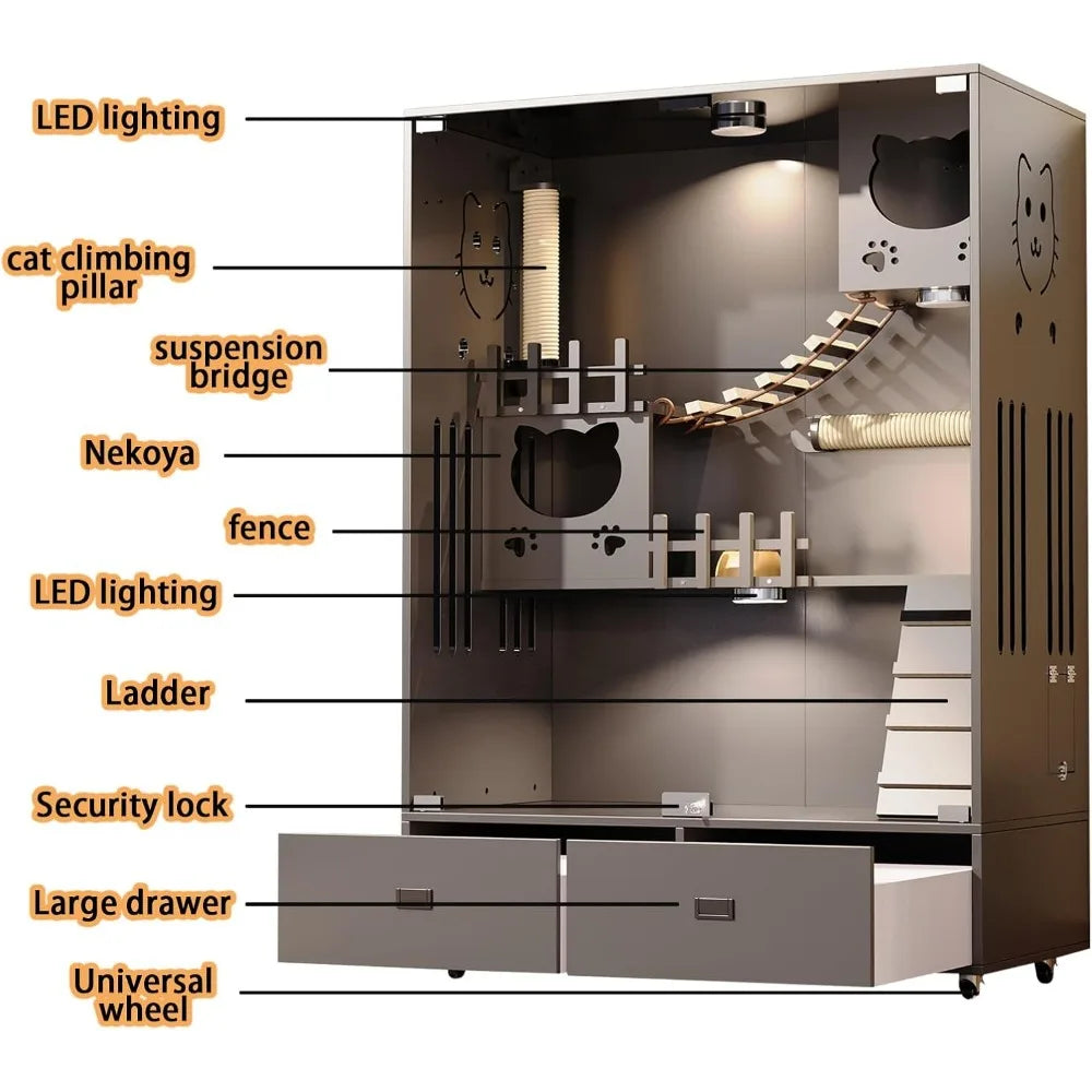 Wooden Cat House Large Space Cats Cage, Indoor/Outdoor Cats Enclosure with Wheels, Multi-Feature Enclosed Cat Condo