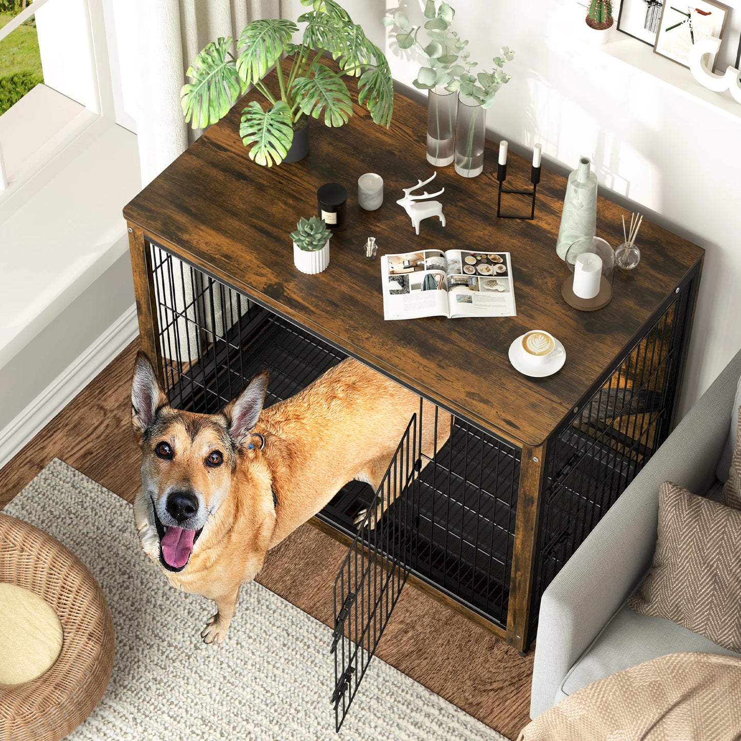 S M L 3 Sizes Dog Crate End Table Furniture Wood Metal Combine Pet Dog Cage Kennels with Double Doors and Removable Tray