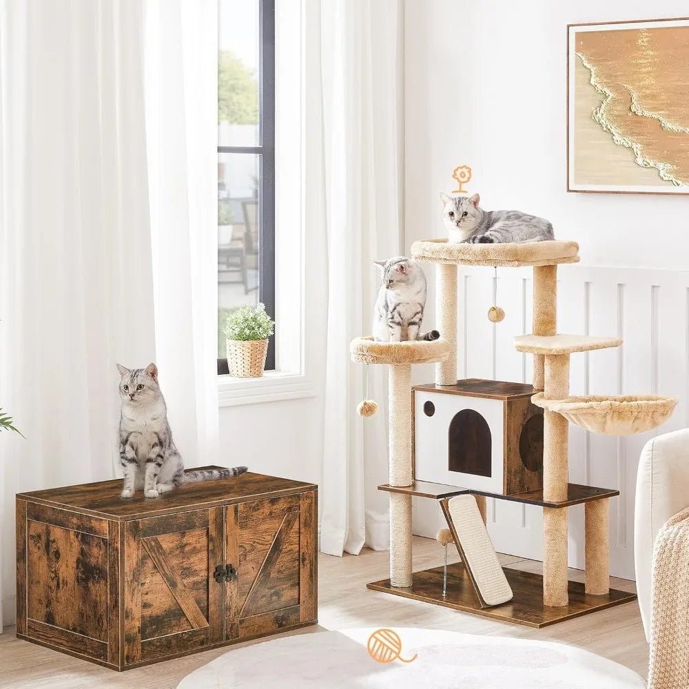 with Litter Box Enclosure, 2-in-1 Versatile Cat Tower, Cat Hammock, Hidden Litter Box Furniture, All-in-One Indoor Cat Condo