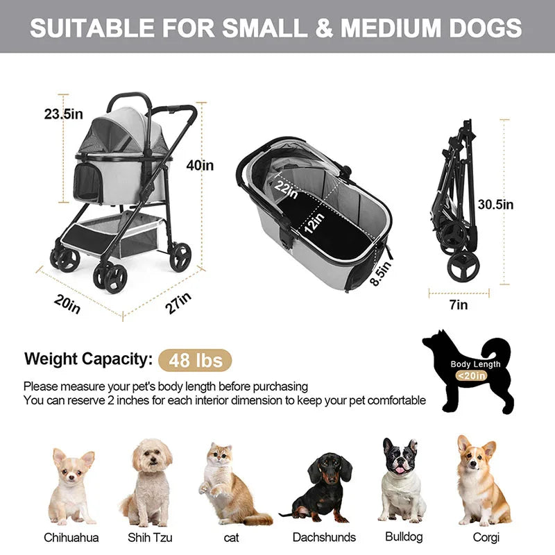 ﻿ Wedyvko Pet Stroller,Foldable Pet Travel Carrier for Small/Medium Dogs Cats up to 48 lbs,Detachble Portable Pet Bag,애완견 유모차