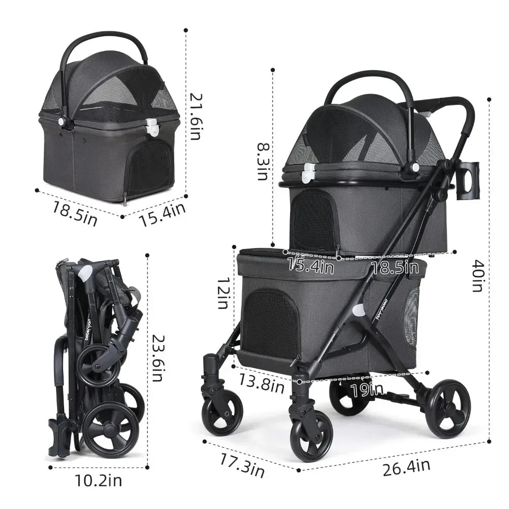 Pet Strollers, Double Pet Stroller for 2 Small Dogs or Cats Lightweight Foldable Double Dog Strollers with Detachable Carrier