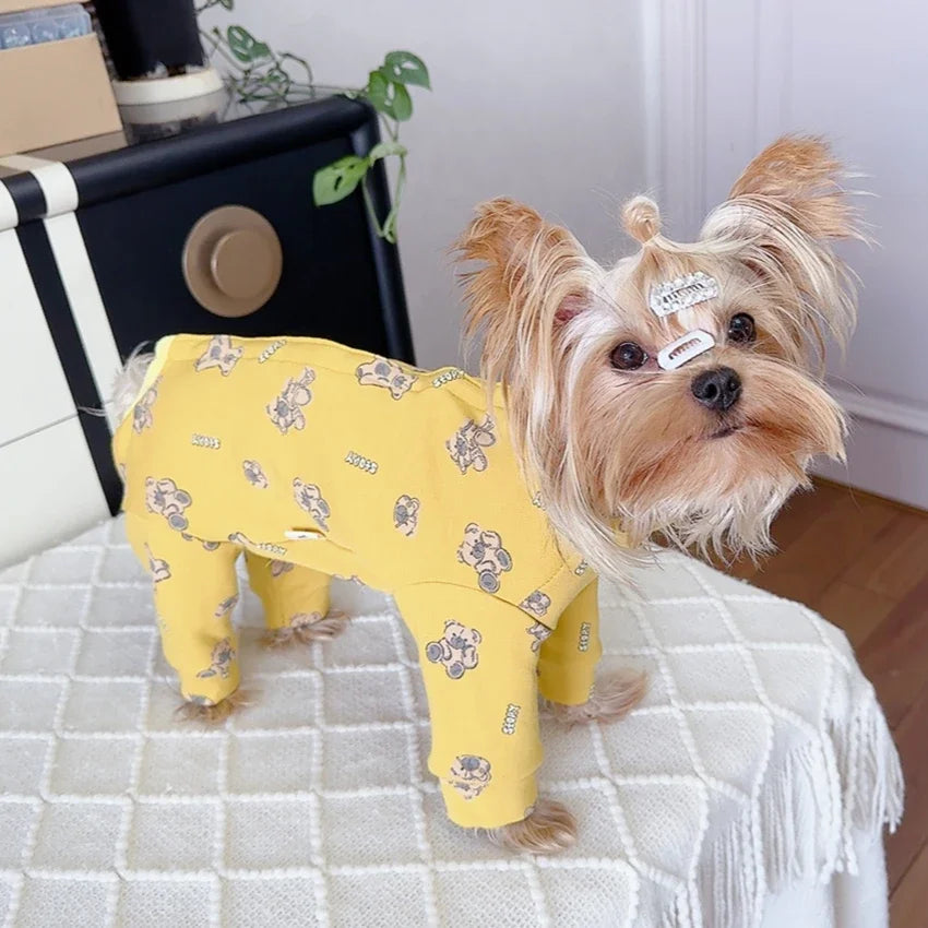 2025 Spring Autumn Pet Dog Clothes Fashion Cute Print Yellow Jumpsuits Hoodies For Small Medium Dog Schnauzer Poodle Dog Rompers